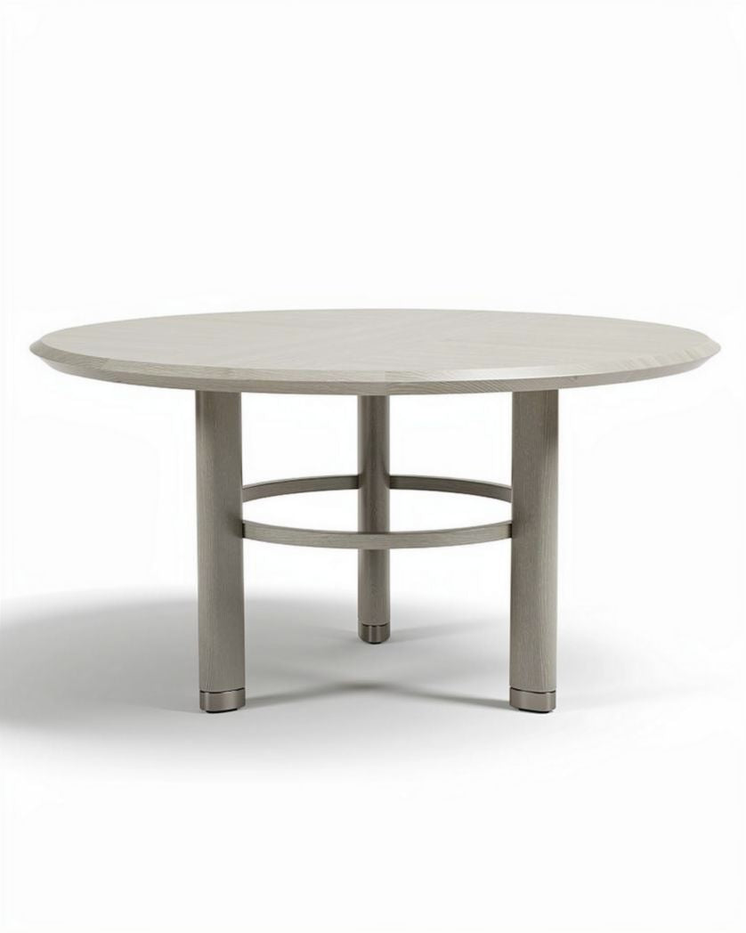 Ronde eetkamertafel van grijs hout met een diameter van 100 cm en hoogte van 75 cm