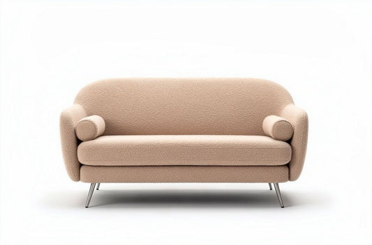 Twee-zits bank van textiel in beige met ronde armleuningen en metalen poten