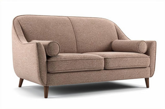 Bankje in bruin stof met houten poten en afmetingen van 180 x 80 x 85cm
