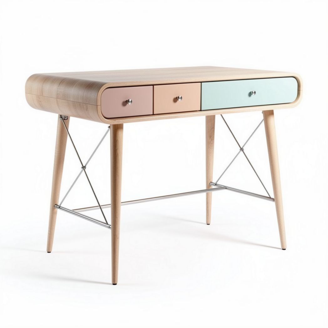 Houten bureau met drie lades in pastelkleuren en metalen onderstel 120 x 60 x 75cm