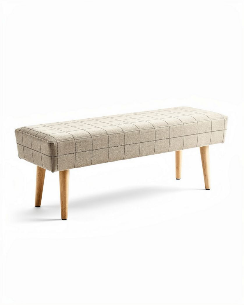 Houten bank met gestreepte bekleding 120 x 40 x 45cm beige