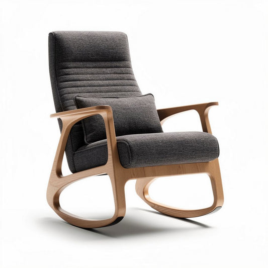 Zwarte stoffen schommelstoel met houten frame afmetingen 85 x 70 x 100cm
