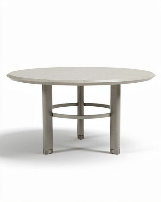 Ronde eetkamertafel van grijs hout met een diameter van 100 cm en hoogte van 75 cm