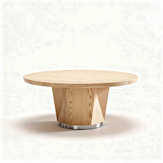 Eiken houten ronde tafel met metalen voet diameter 120 centimeter