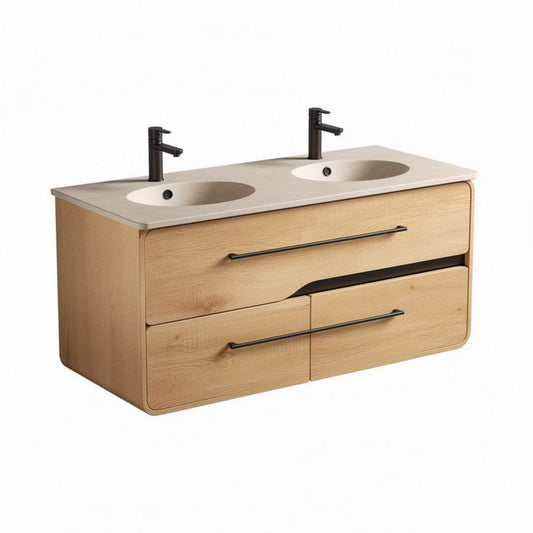 Dubbele wastafel met houten onderkast en marmeren blad 120 x 50 x 60cm