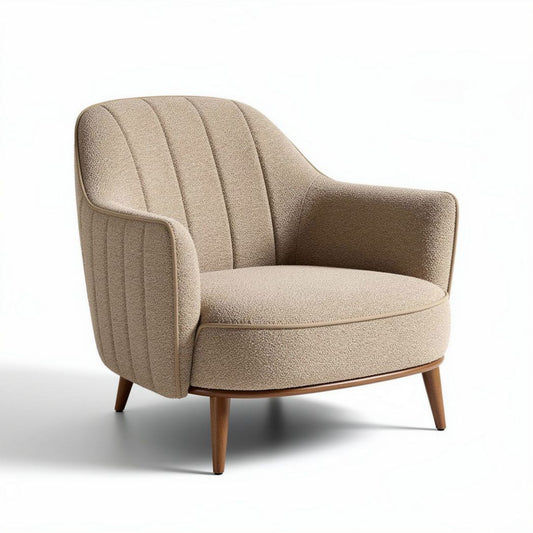 Beige stoffen fauteuil met houten poten en afmetingen van 80 x 80 x 70cm